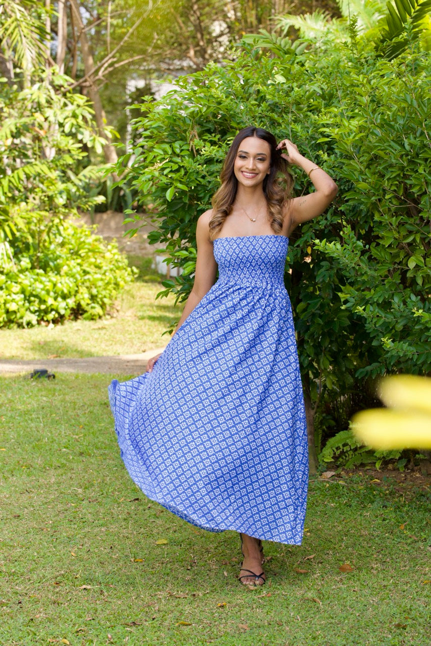 Blue Printed Tube Smocked Dress