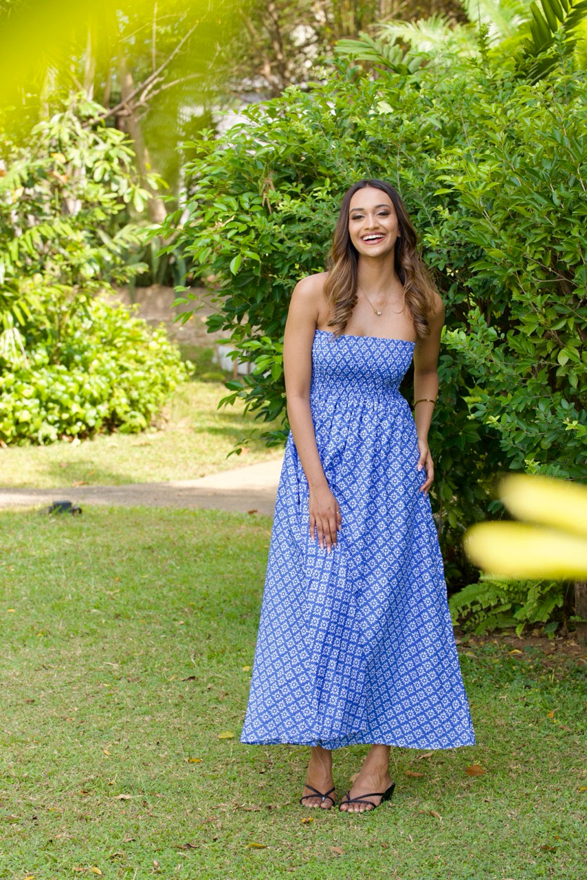 Blue Printed Tube Smocked Dress