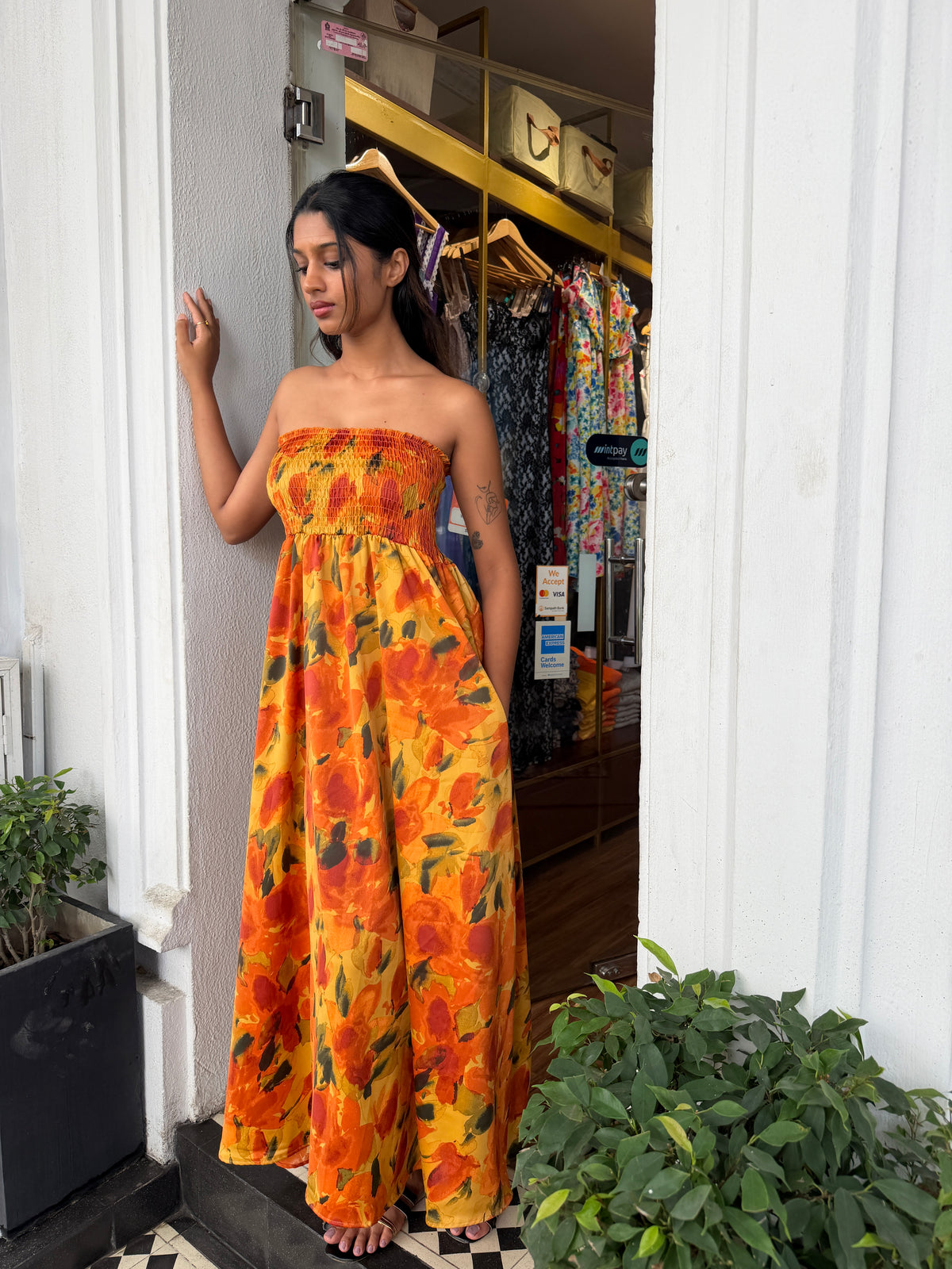 Autumn Smocked Yellow Print Tube Dress
