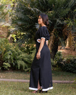 Black Puff Sleeve Cut-Out Dress with Contrast Trim