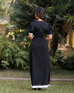 Black Puff Sleeve Cut-Out Dress with Contrast Trim