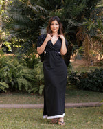 Black Puff Sleeve Cut-Out Dress with Contrast Trim