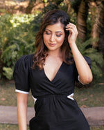 Black Puff Sleeve Cut-Out Dress with Contrast Trim