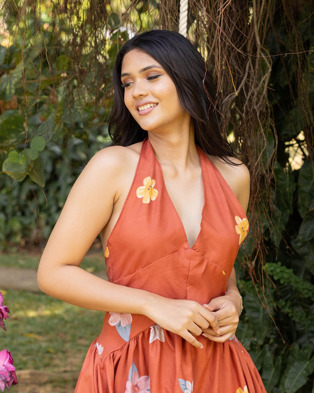 Floral Printed Halter Midi Dress