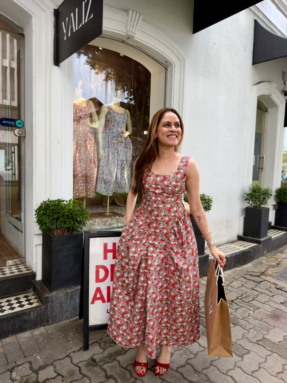 Tiny Printed Bustier Dress with Beige Bow