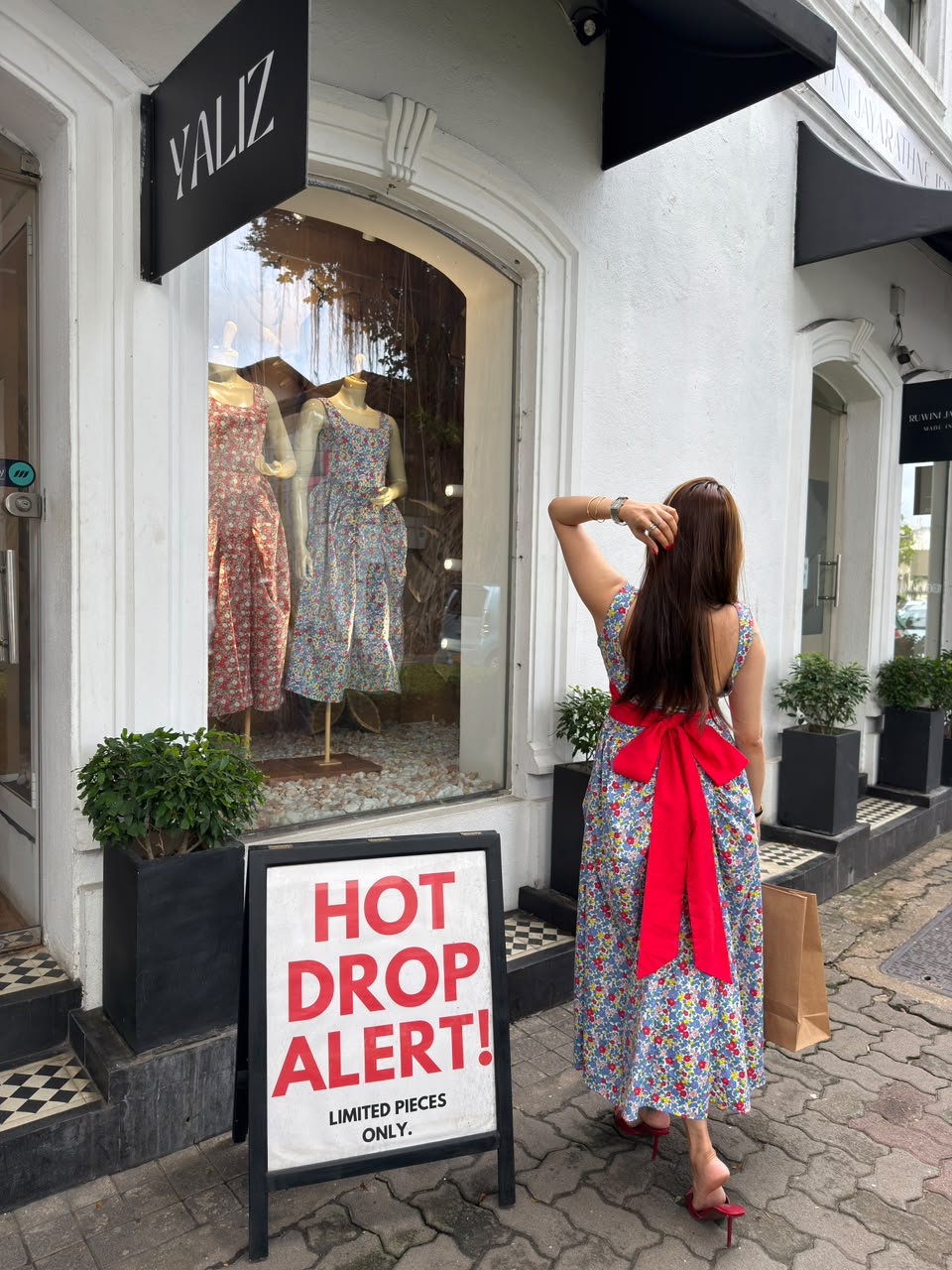 Tiny Printed Bustier Dress with Red Bow