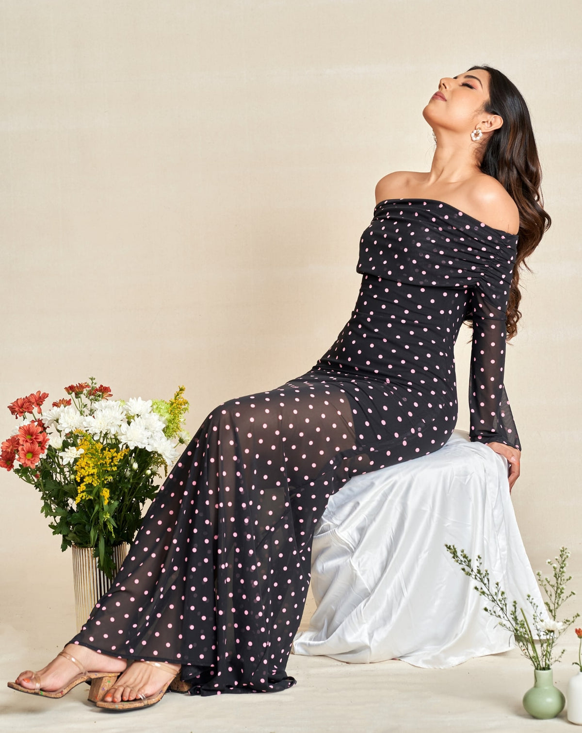 Long Sleeves Classix Pink Polka Dot Off Shoulder Dress