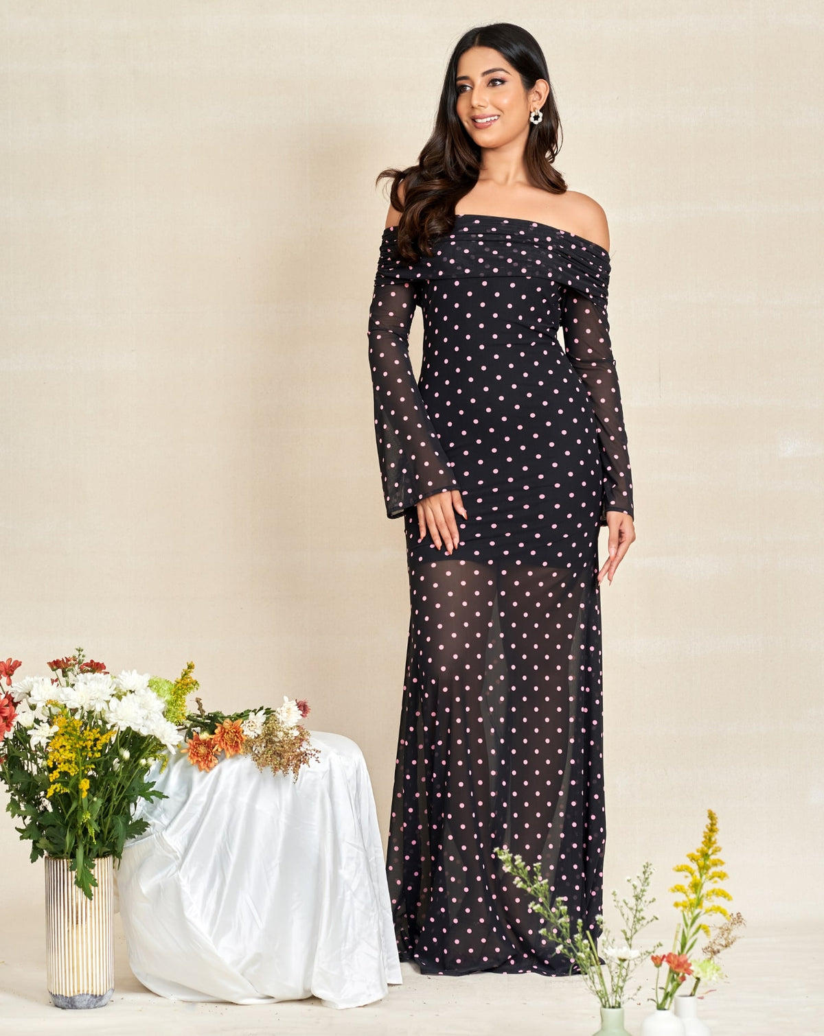 Long Sleeves Classix Pink Polka Dot Off Shoulder Dress