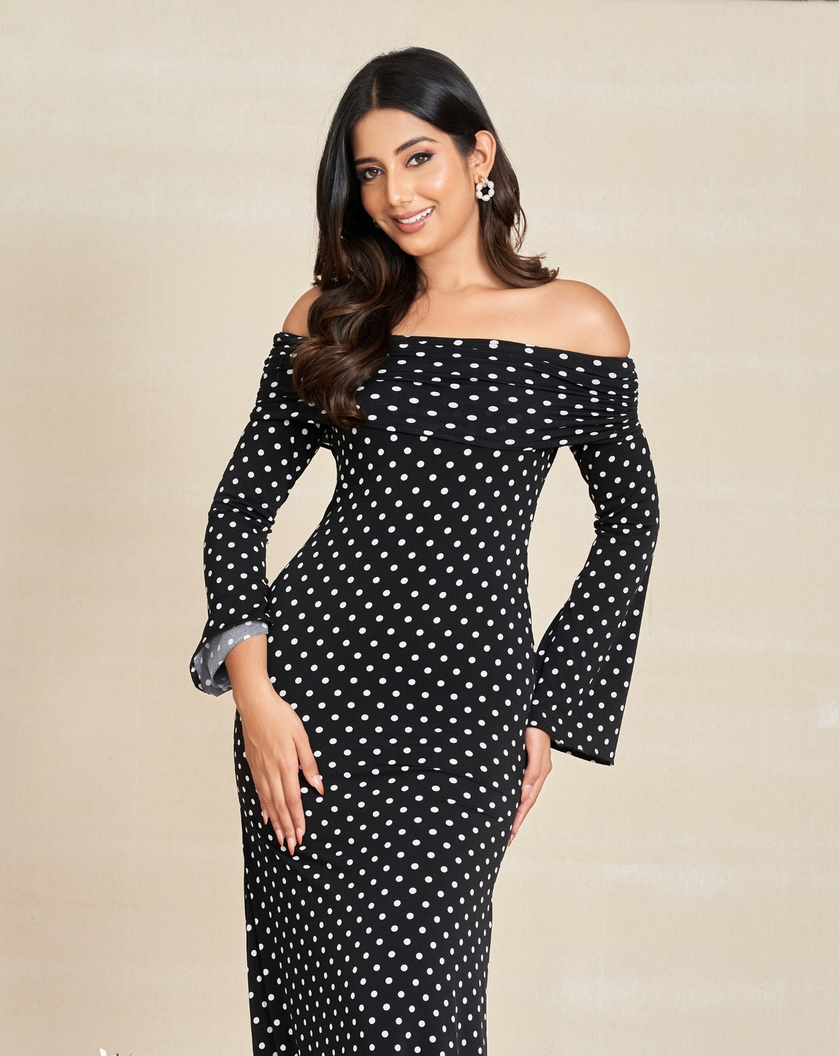 Long Sleeved Classic white Polka Dot Off Shoulder Dress