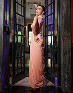 Peach Cascade Drape High Neck Dress