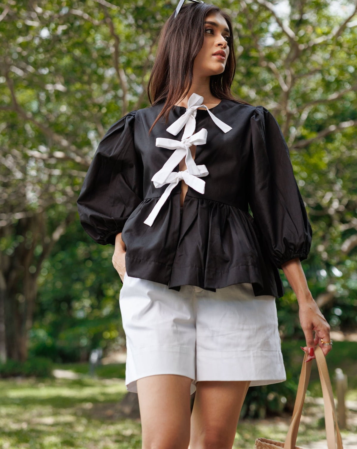 Black Bow Puff Sleeve Cute Top