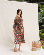 Black Floral Printed Long sleeve Front Slit Dress