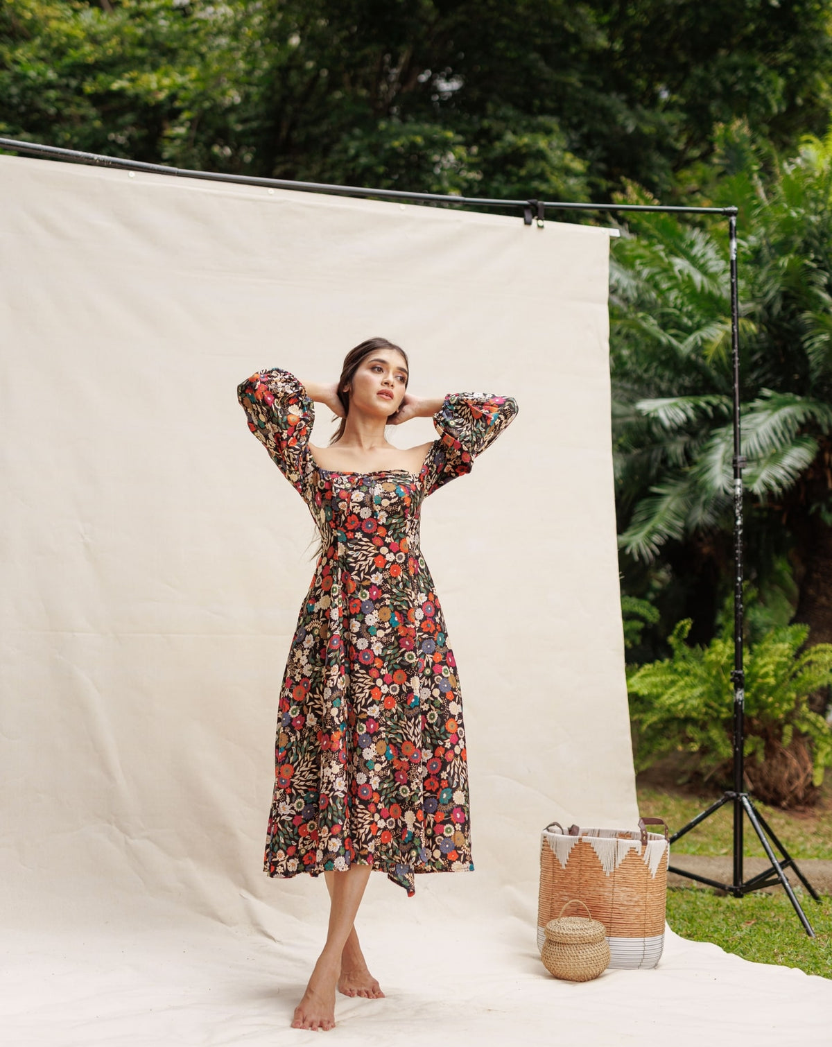 Black Floral Printed Long sleeve Front Slit Dress