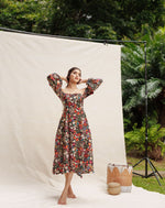 Black Floral Printed Long sleeve Front Slit Dress