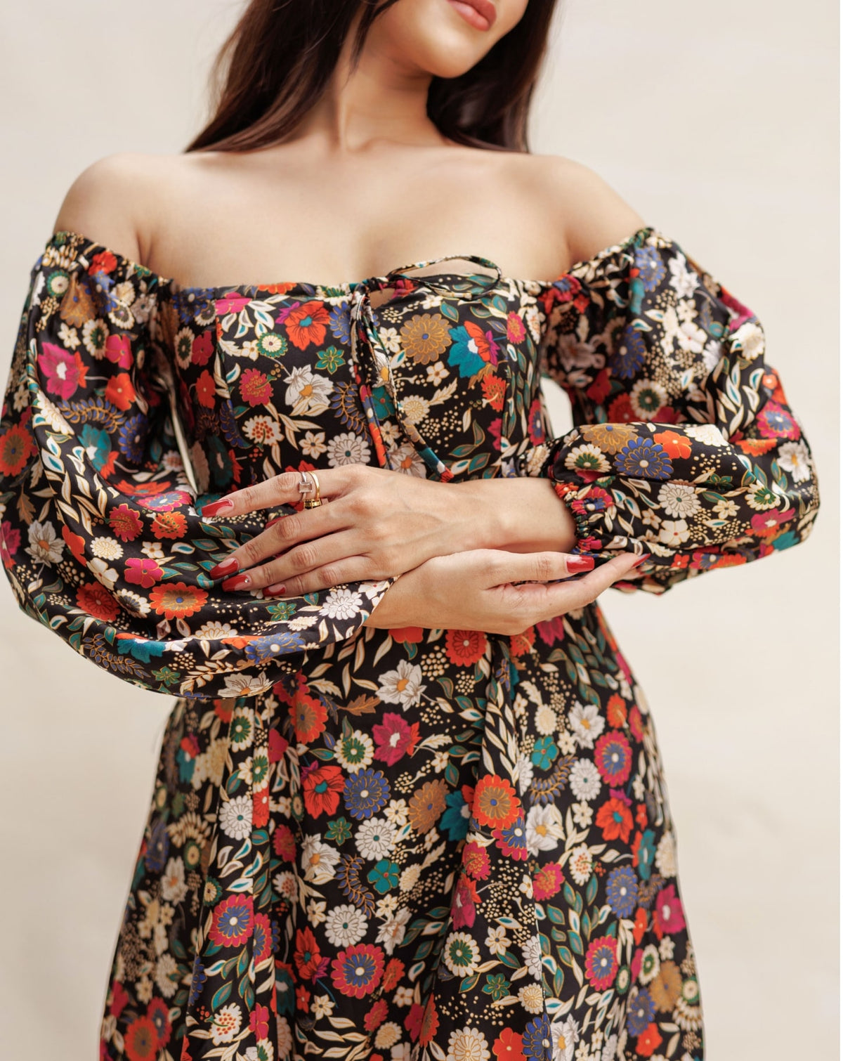 Black Floral Printed Long sleeve Front Slit Dress