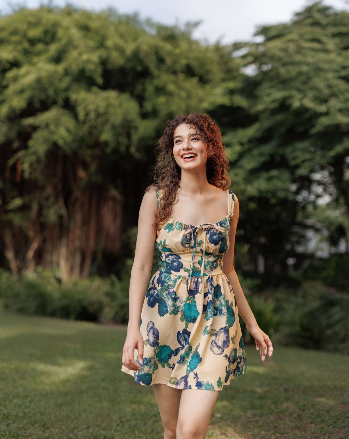 Green Floral Printed Short Dress