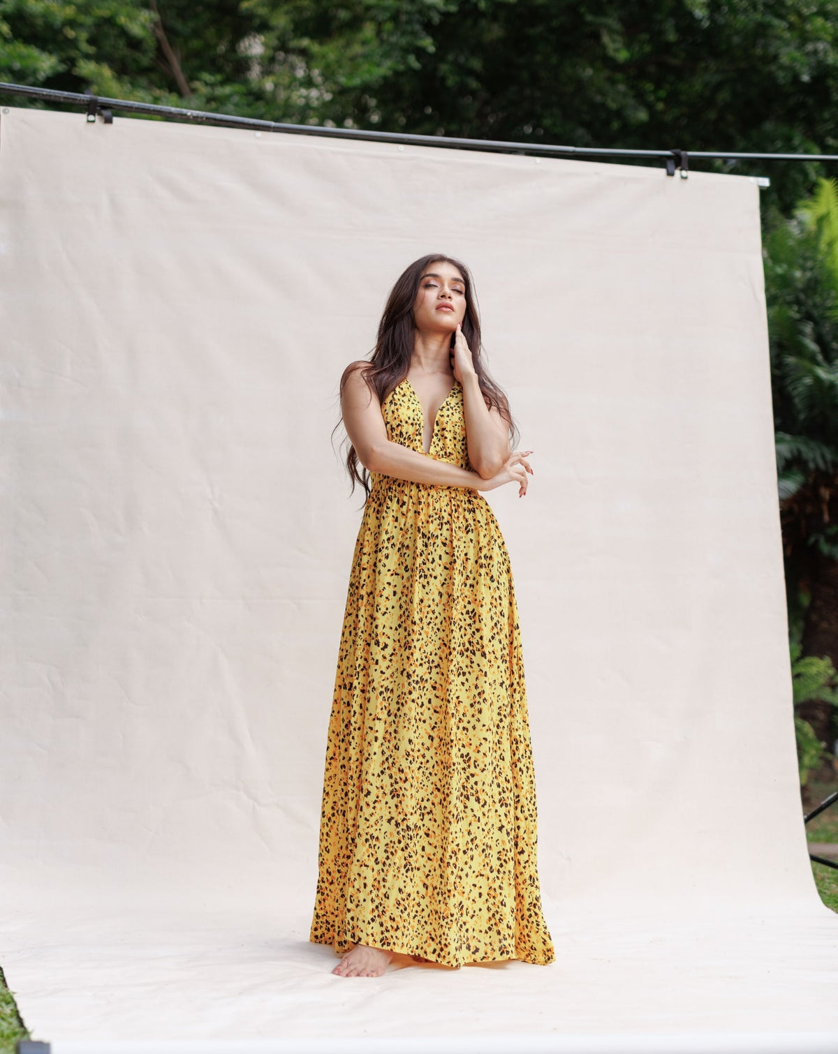 Leopard printed yellow maxi dress