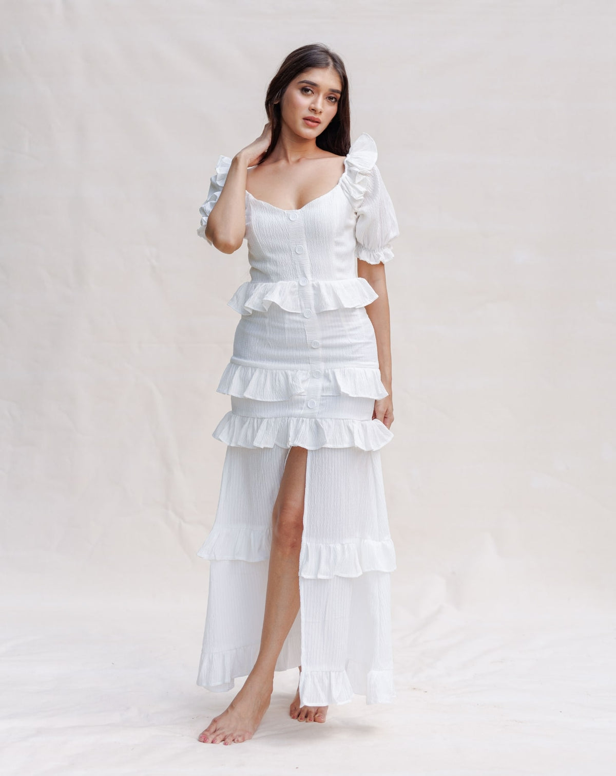 Ruffle Front Slit Back Smoked Dress