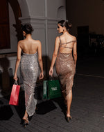 Silver Sequin Tube Slide Slit Evening Gown