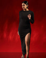 Black Long Sleeve Front Slit Party Gown