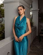 Cowl Neck Blue Satin Dress