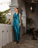 Cowl Neck Blue Satin Dress