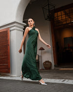 Green Halter Neck Flower Satin Flowy Dress