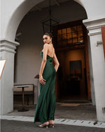 Green Halter Neck Flower Satin Flowy Dress