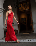 Red Halter Neck Flower Satin Flowy Dress