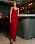 Emerald Red Ruffle Net Gown