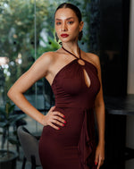 Halter Ring Front Frill Slit Tight Dress