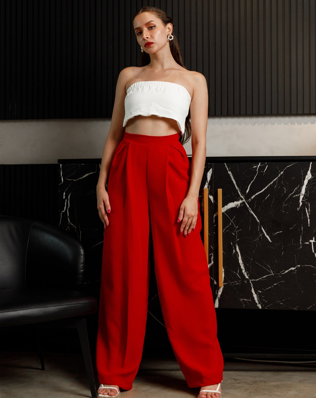 Red Waist Band Frill Pant