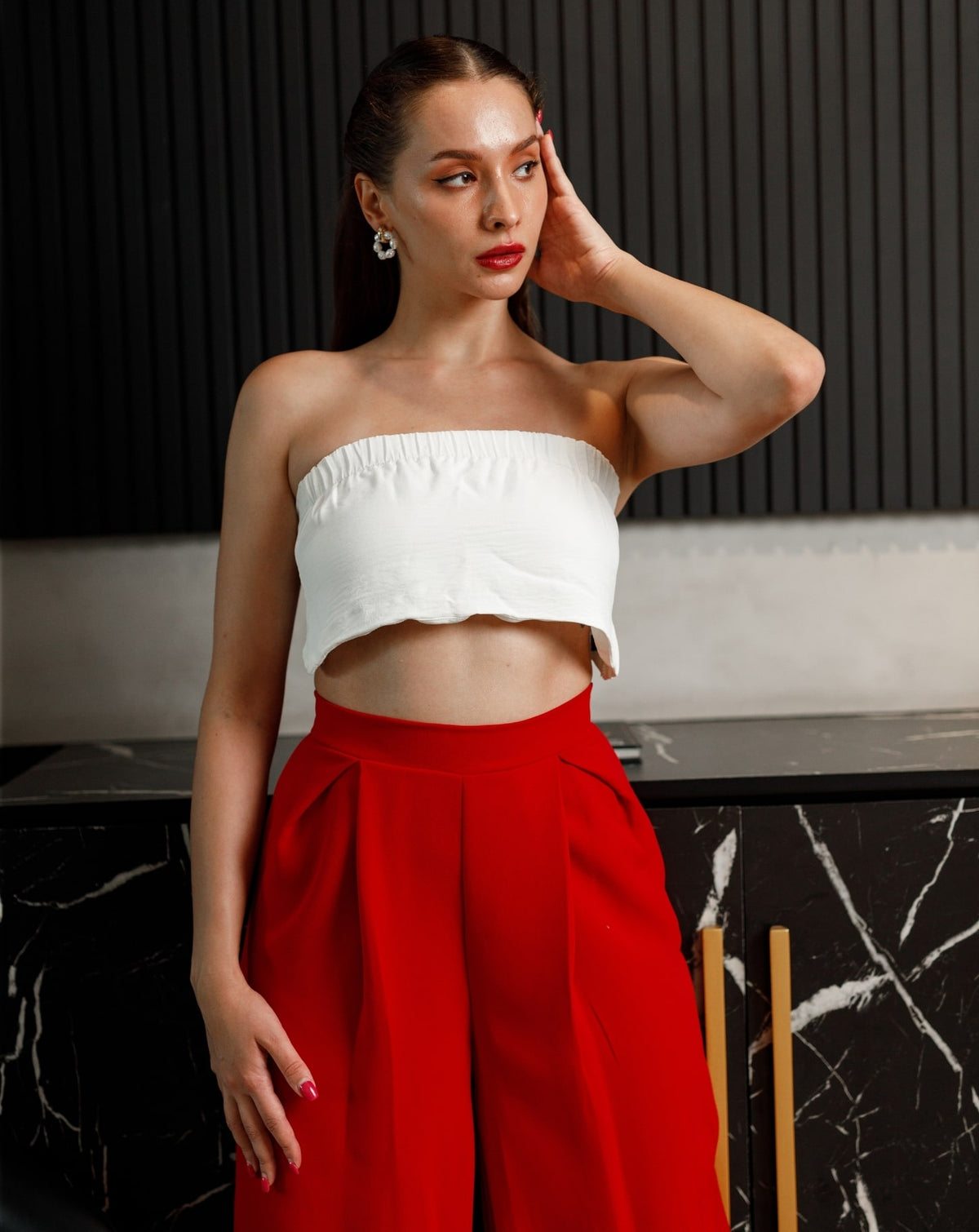 Red Waist Band Frill Pant
