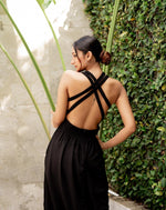 Double Cross Back High Neck Black Dress