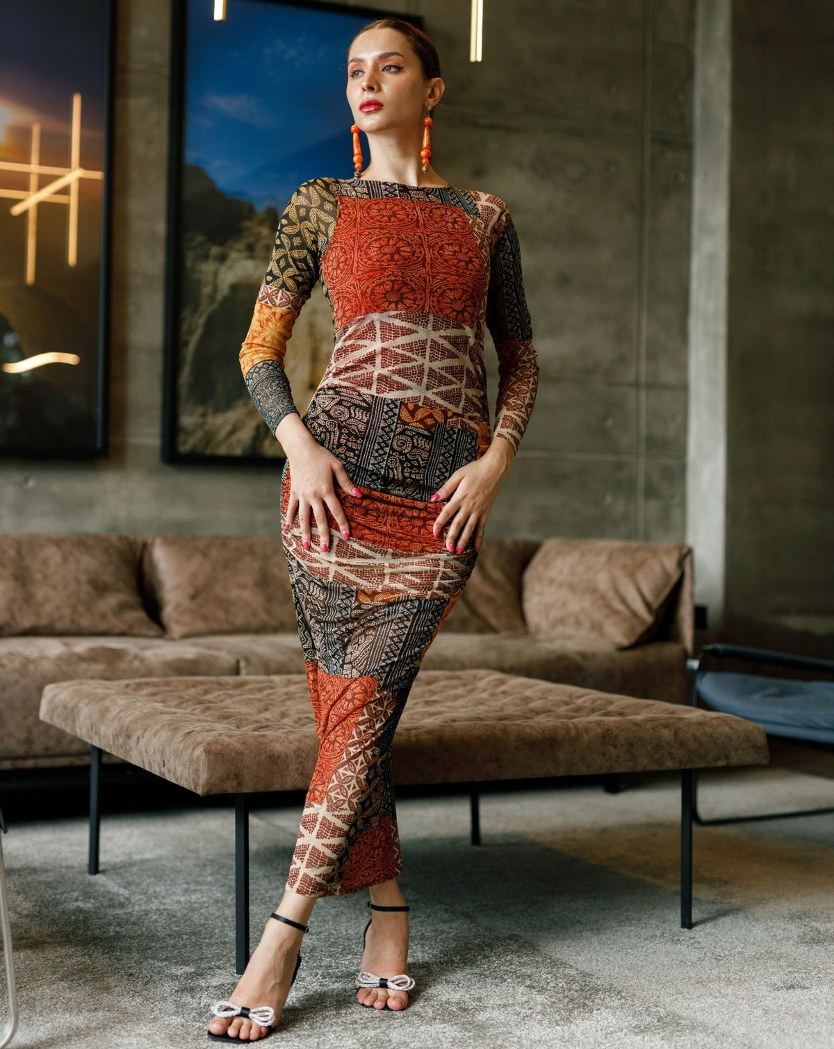 Brown Printed Long Sleeve DressBrown Printed Long Sleeve Dress