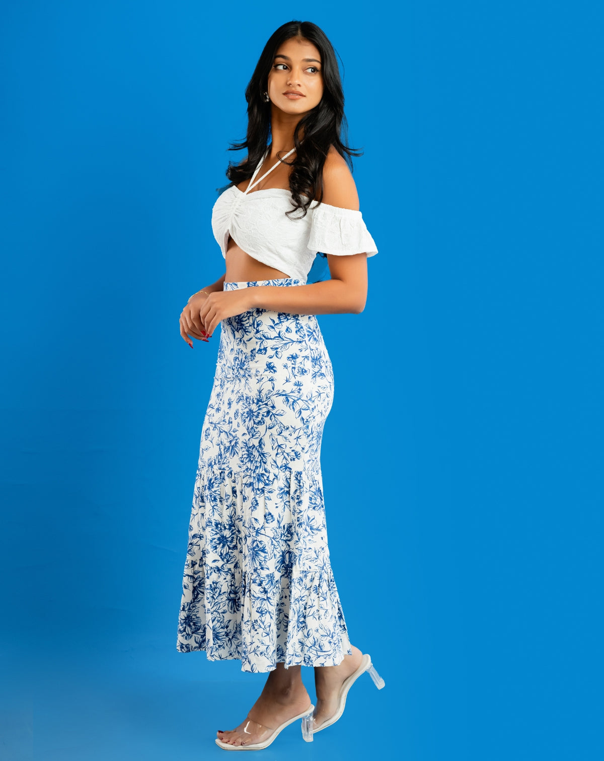 Blue Floral Printed Mermaid Skirt