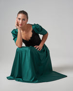 Lace - Trimmed Puff Sleeve Silk Maxi Dress - Green