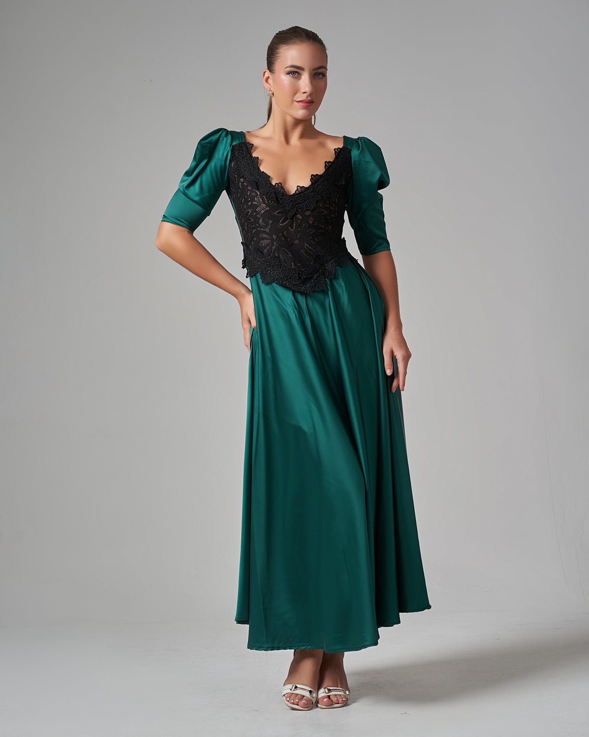Lace - Trimmed Puff Sleeve Silk Maxi Dress - Green