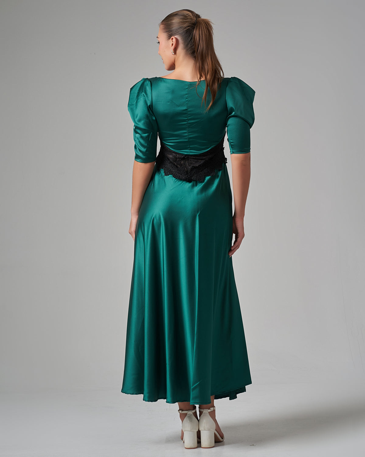 Lace - Trimmed Puff Sleeve Silk Maxi Dress - Green