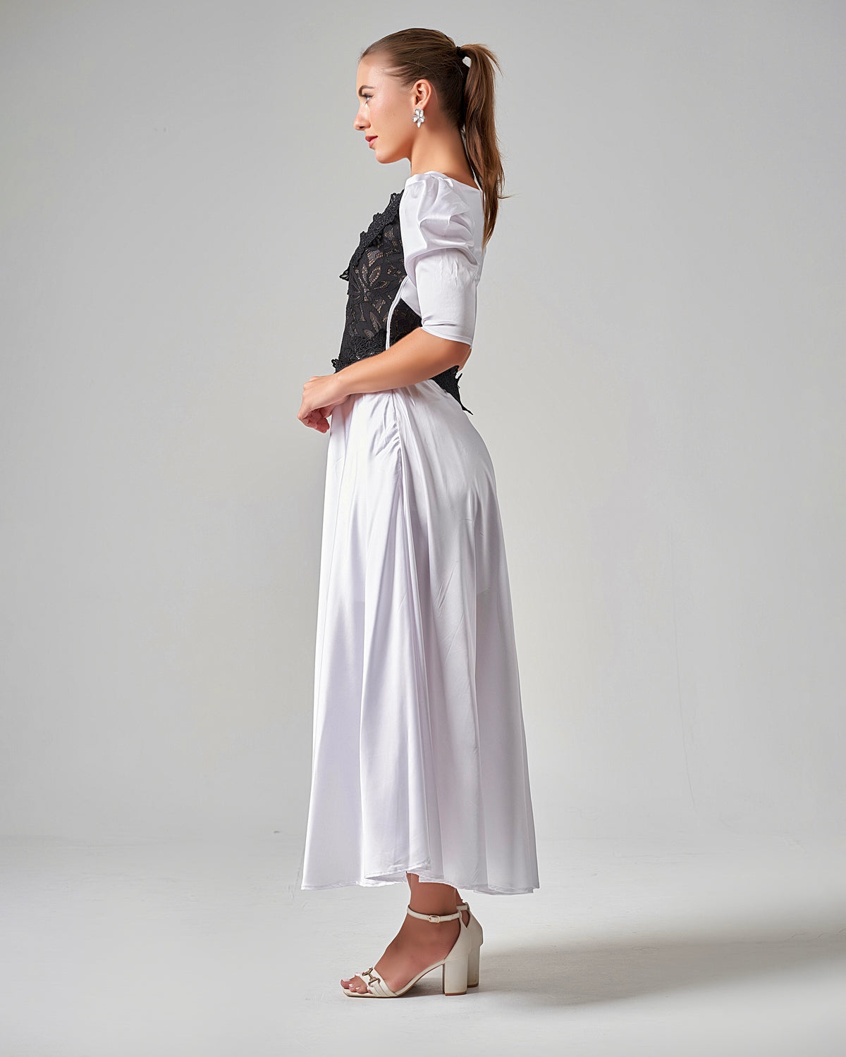 Lace - Trimmed Puff Sleeve Silk Maxi Dress - White