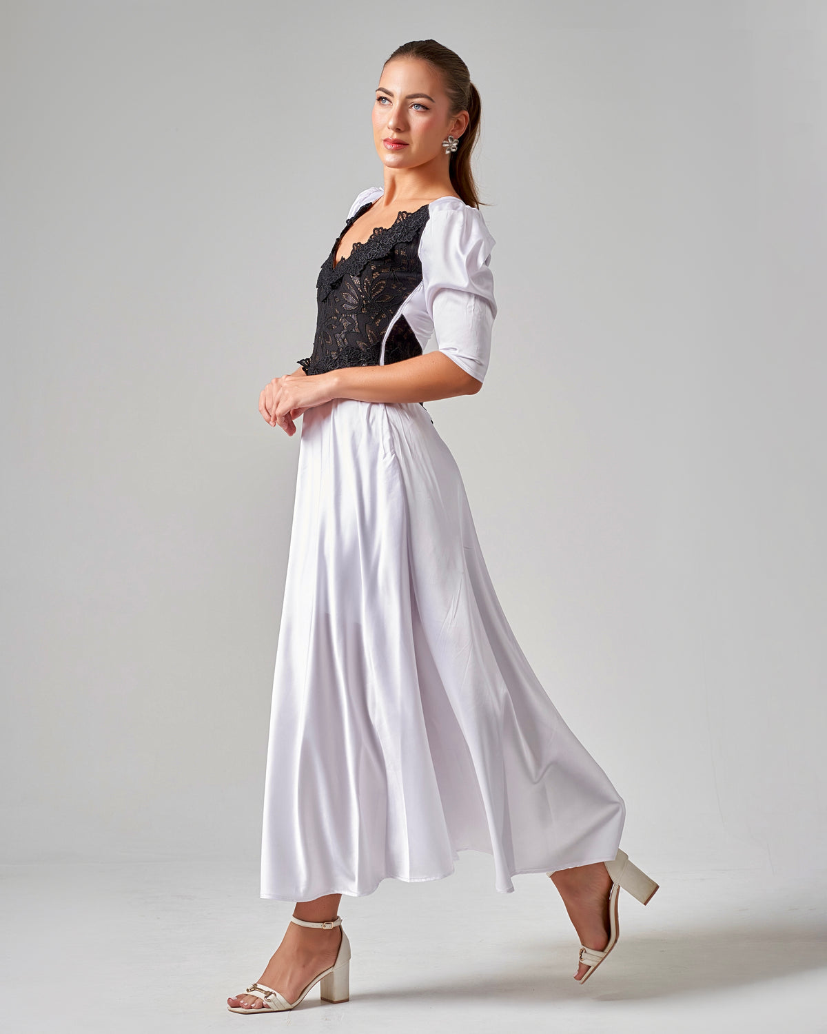 Lace - Trimmed Puff Sleeve Silk Maxi Dress - White