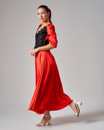 Lace - Trimmed Puff Sleeve Silk Maxi Dress - Red