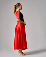 Lace - Trimmed Puff Sleeve Silk Maxi Dress - Red