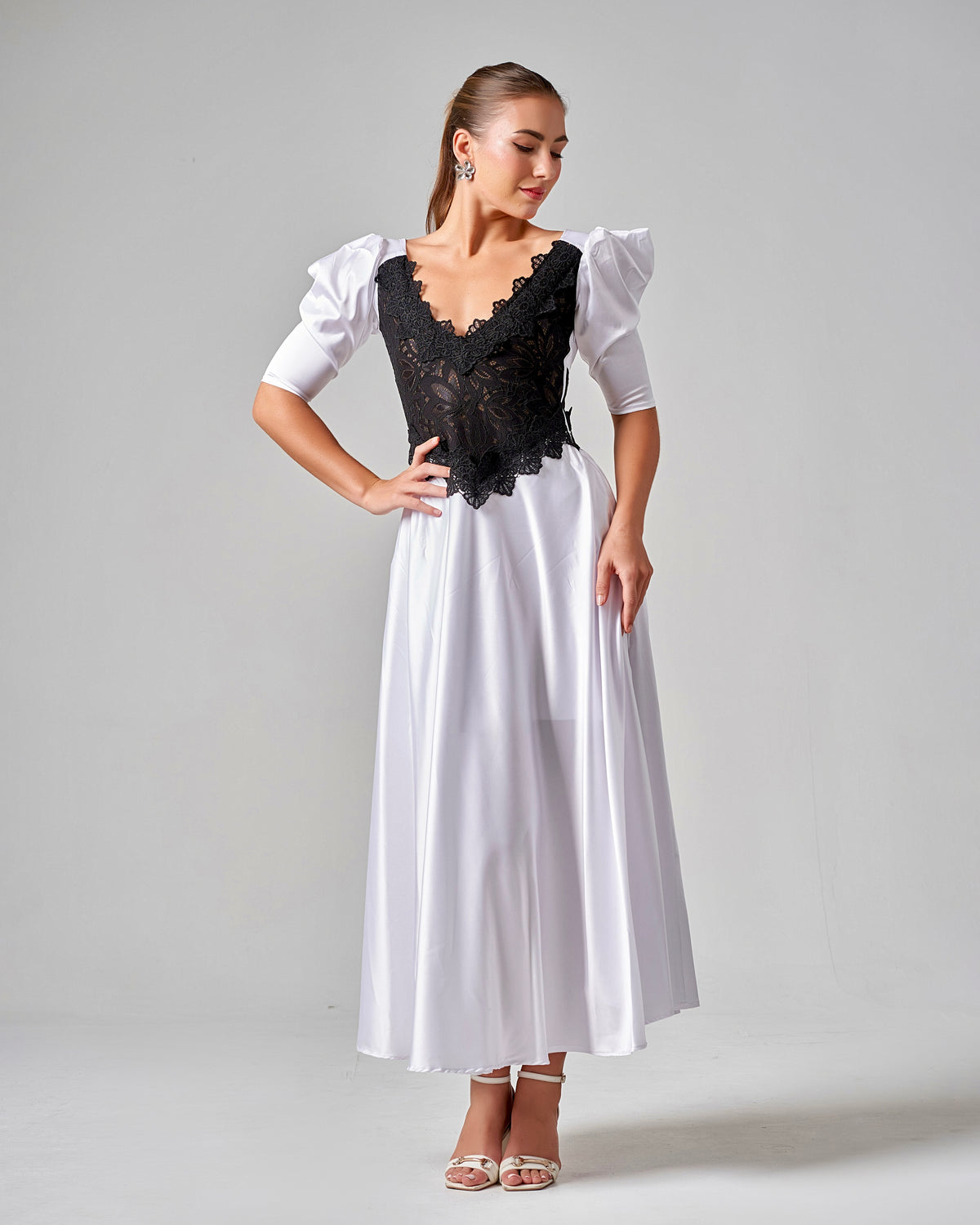 Lace - Trimmed Puff Sleeve Silk Maxi Dress - White