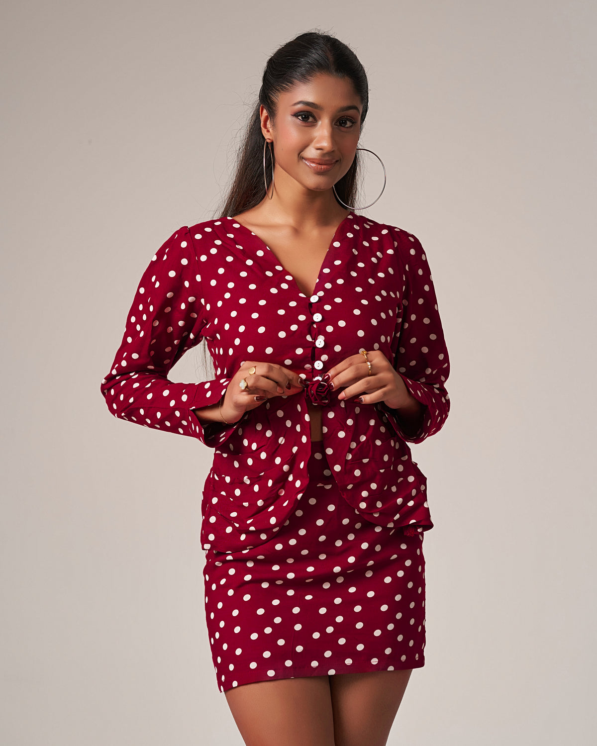 Ruched Polka Dot Chiné Mini Set with a Rose