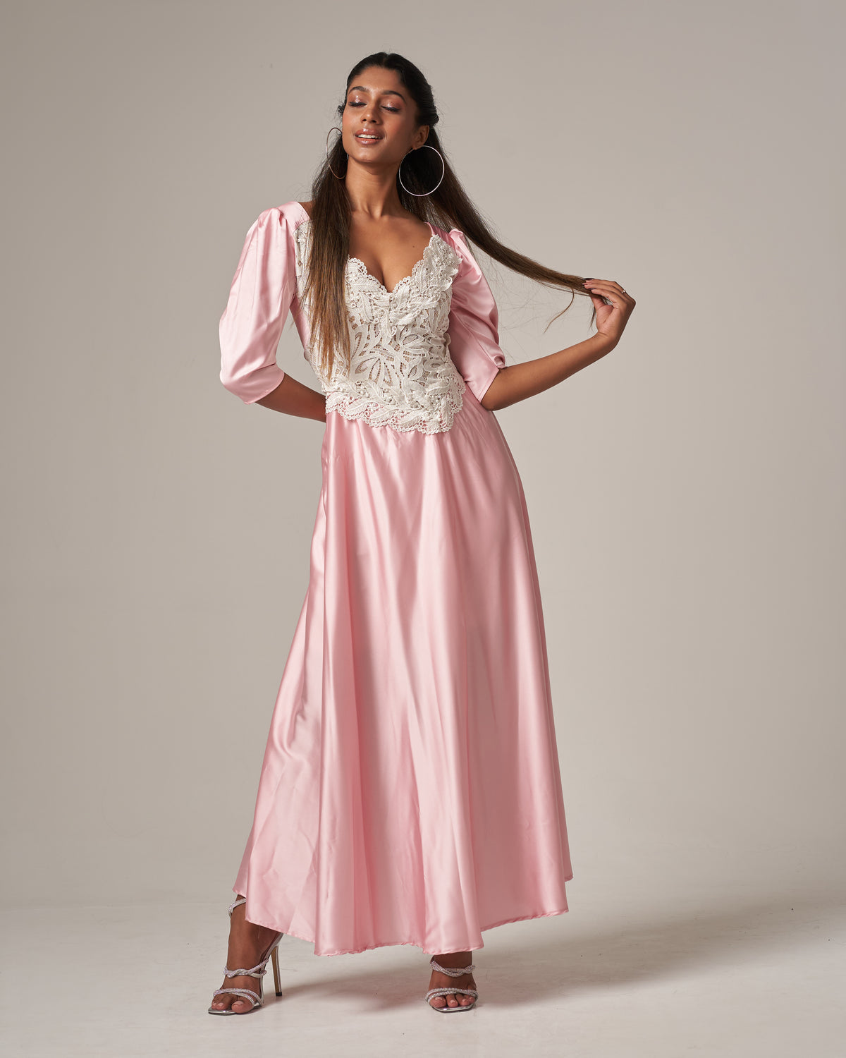 Lace - Trimmed Puff Sleeve Silk Maxi Dress - Pink