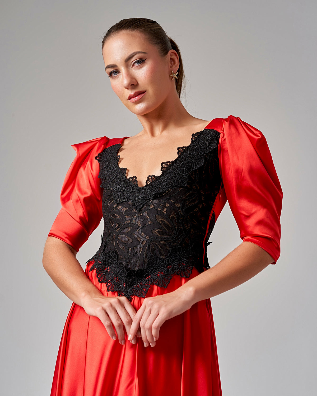 Lace - Trimmed Puff Sleeve Silk Maxi Dress - Red