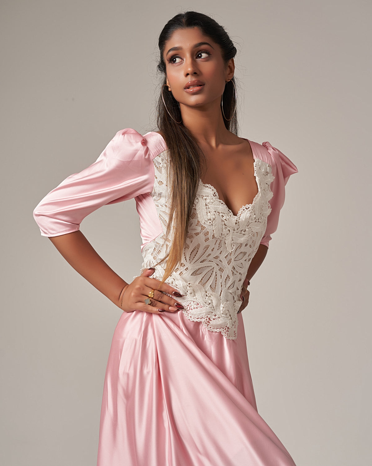 Lace - Trimmed Puff Sleeve Silk Maxi Dress - Pink