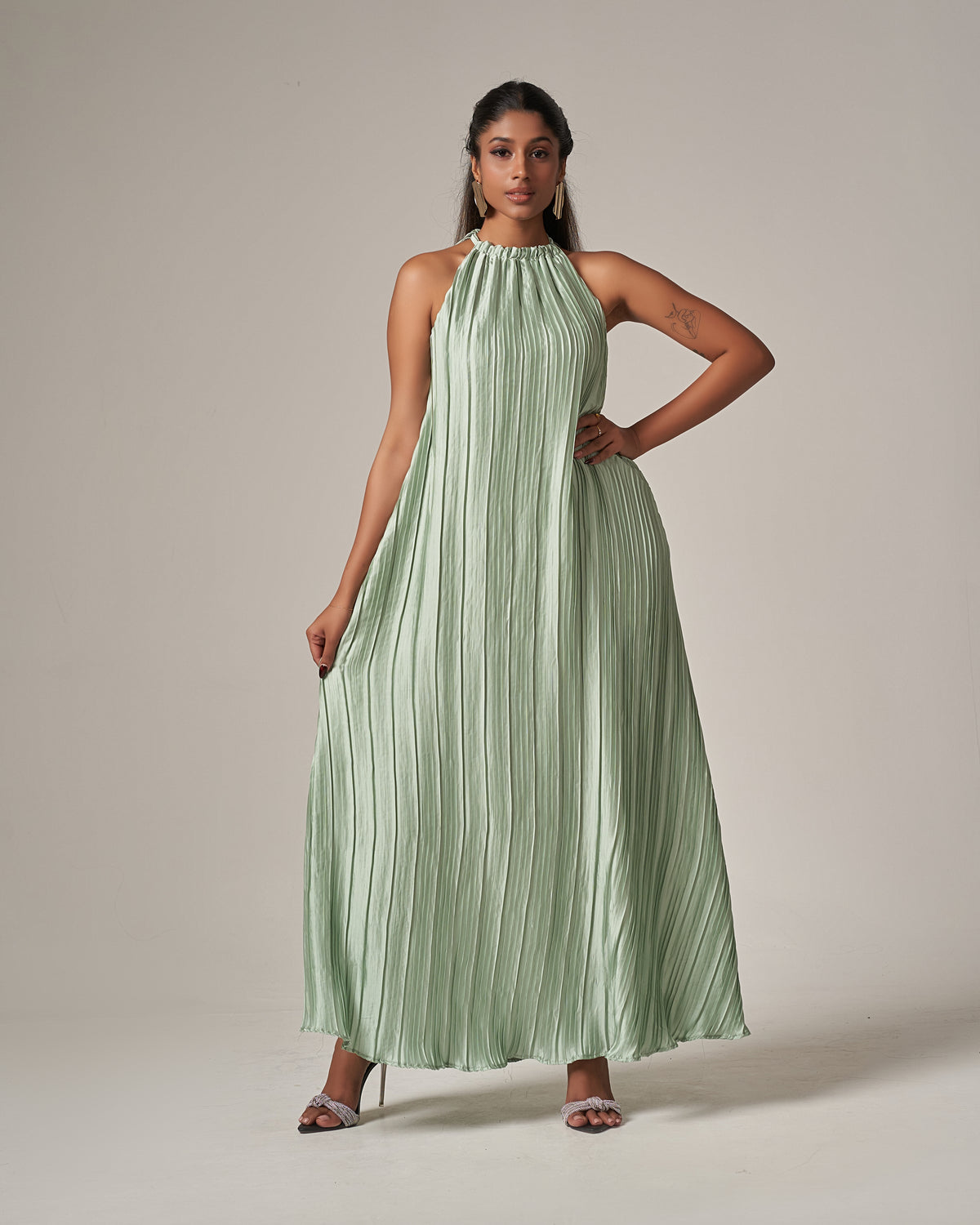 Summer Casual Vacation Halter Neck Pleated Dress – Mint