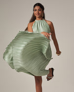 Summer Casual Vacation Halter Neck Pleated Dress – Mint
